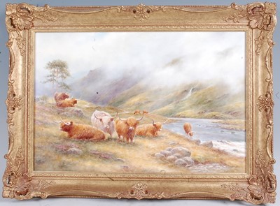 Lot 1053 - Milwyn Holloway - Highland cattle on a misty...