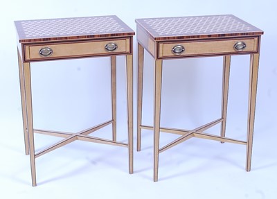 Lot 1390 - A pair of satin birch and parquetry topped...