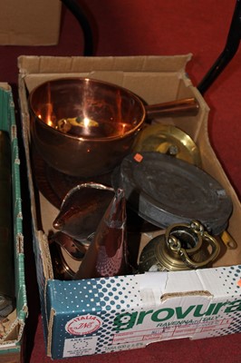 Lot 145 - Two boxes of miscellaneous metalware, to...