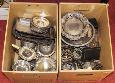 Lot 221 - Two boxes of miscellaneous silver plated wares,...