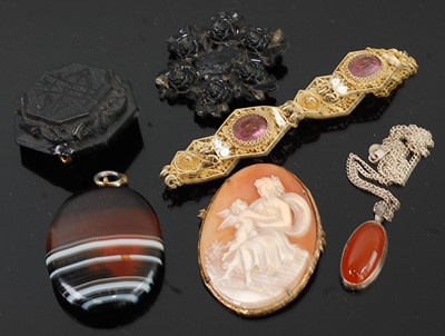Lot 270 - A carved shell cameo brooch; together with an...