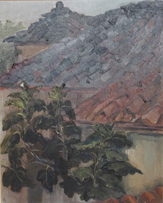 Lot 322 - Eva Aldbrook (b.1925) - Tuscan roofs, oil on...