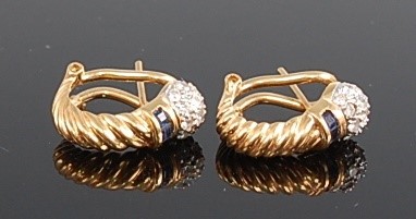 Lot 1187 - A pair of yellow metal, diamond and sapphire...