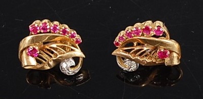 Lot 1186 - A pair of contemporary yellow metal, ruby and...