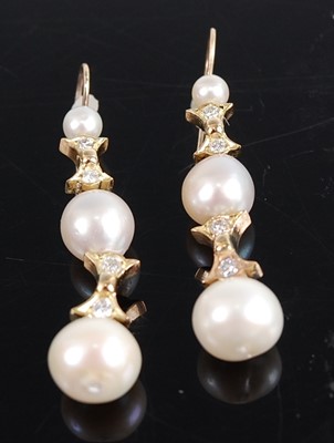 Lot 1202 - A pair of yellow metal, pearl and diamond drop...