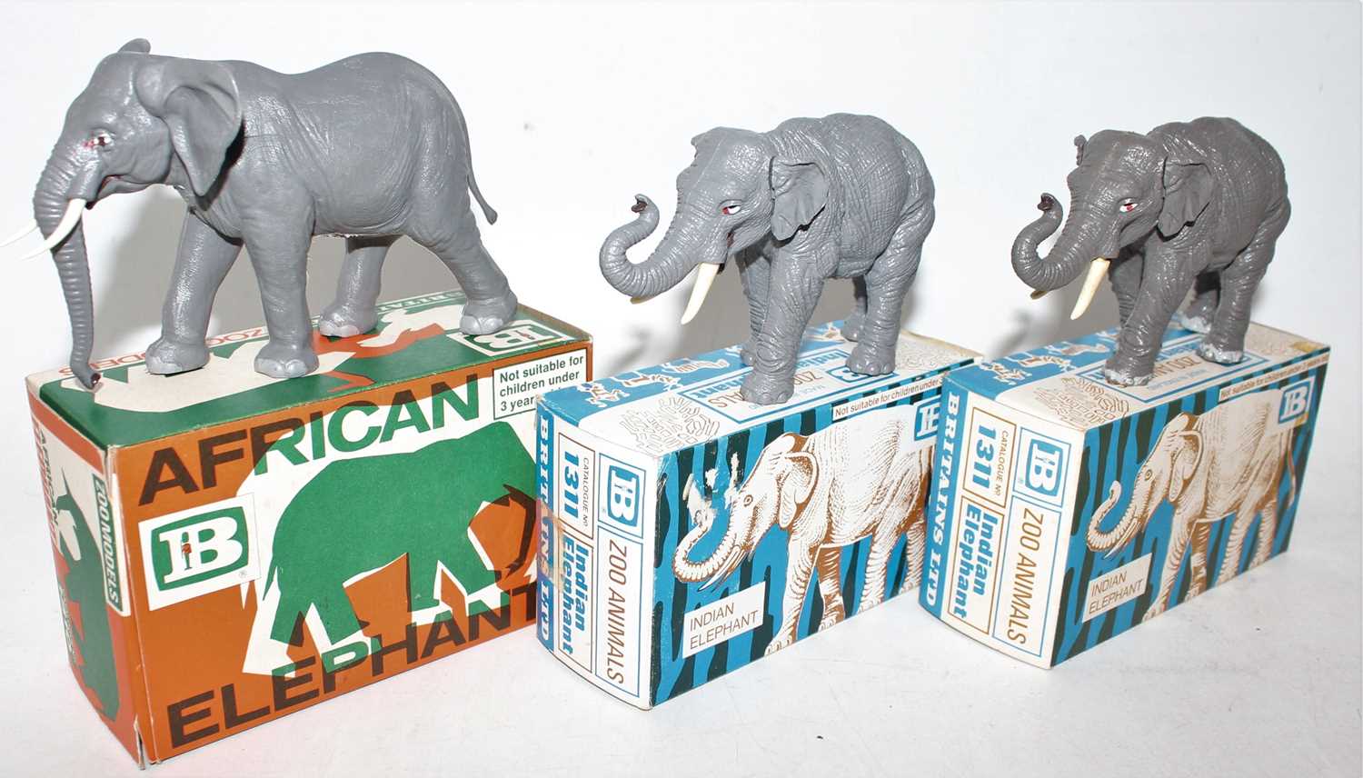 Lot 715 - Britains 3 boxed plastic Elephants, one...