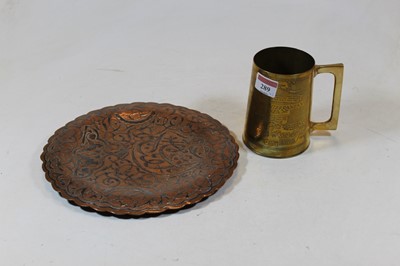 Lot 289 - A brass tankard, etched with various battle...