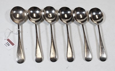 Lot 326 - A set of six George V silver soup spoons, in...