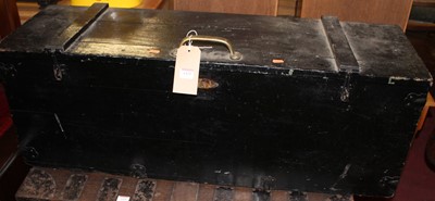 Lot 1425 - A black painted pine and metal bound hinge top...