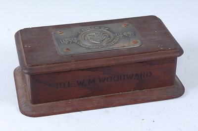 Lot 2402 - An oak commemorative table cigarette box, the...