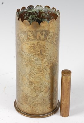 Lot 2375 - A WW I brass shell case, stipple engraved with...