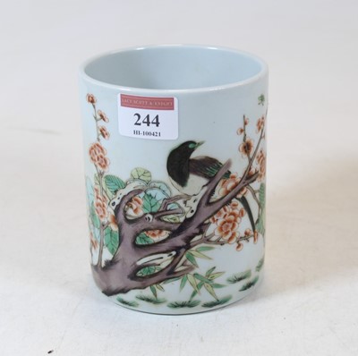 Lot 218 - A Chinese export brush pot, enamel decorated...