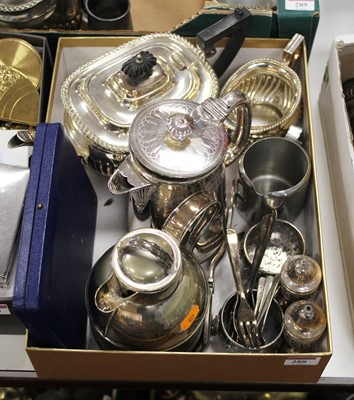 Lot 288 - A box of miscellaneous silver plated wares, to...