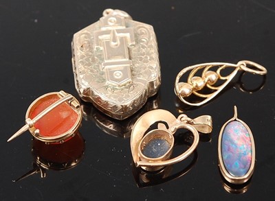 Lot 382 - Assorted yellow metal brooches and pendants,...