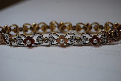 Lot 2664 - A yellow metal, pearl and diamond bracelet,...