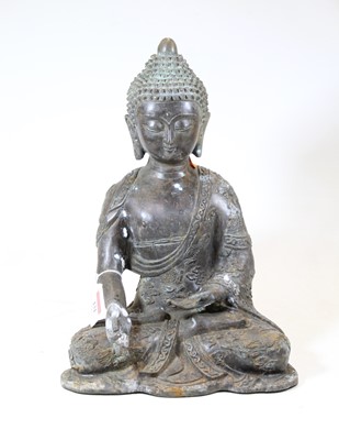 Lot 131 - A reproduction metal figure of a seated Buddha,...