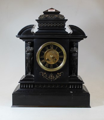 Lot 150 - A Victorian black slate eight-day mantel clock,...