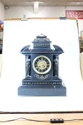 Lot 150 - A Victorian black slate eight-day mantel clock,...