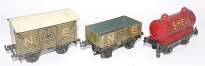 Lot 185 - Three Bing 0 gauge wagons:- NE goods van (F-G),...