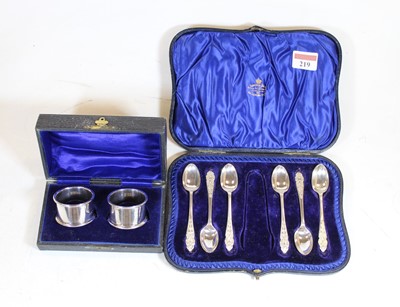 Lot 219 - A cased set of six silver teaspoons, in fitted...