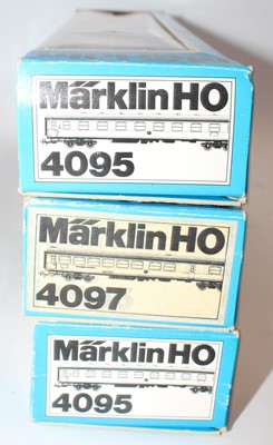 Lot 365 - Three Marklin HO cream and red coaches; 2x...