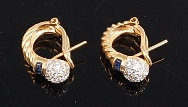 Lot 3083 - A pair of yellow metal, diamond and sapphire...