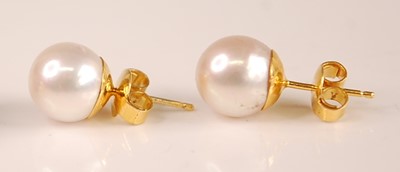 Lot 3093 - A pair of yellow metal and Japanese pearl ear...