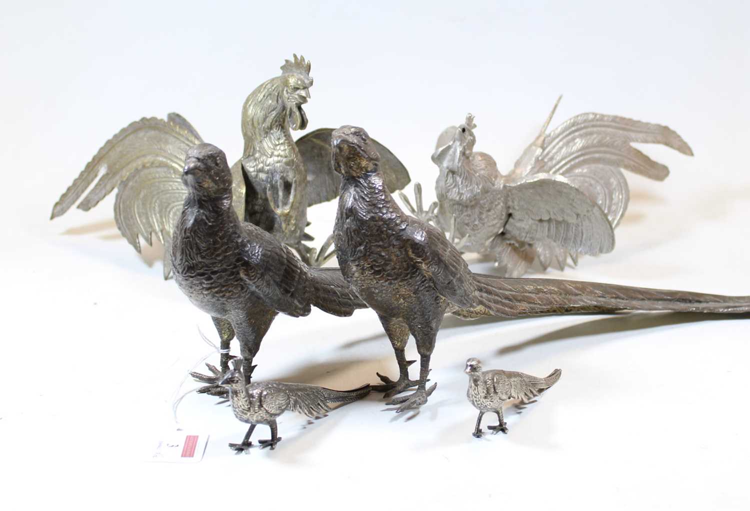 Lot 3 - A pair of 20th century plated table pheasants,...