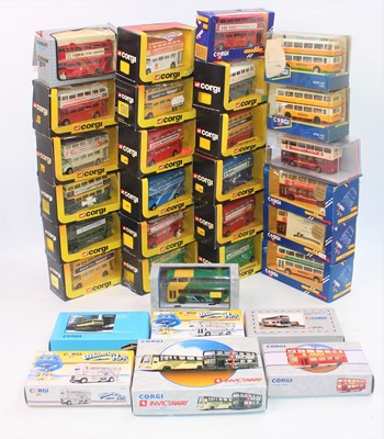 Lot 2052 - A group of 30+ boxed mainly Corgi buses in...