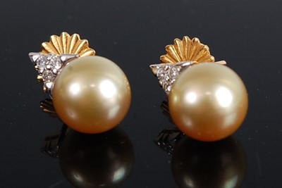 Lot 2518 - A pair of yellow metal pearl and diamond drop...