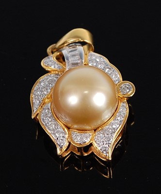Lot 2520 - A yellow metal, pearl and diamond flower...