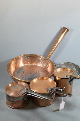 Lot 98 - Three graduated copper pans with iron handles...