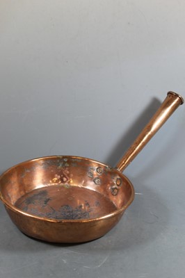 Lot 98 - Three graduated copper pans with iron handles...