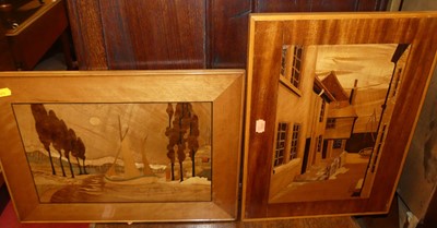 Lot 1102 - A pair of marquetry relief panels depicting...