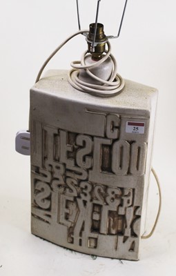 Lot 25 - A modern earthenware table lamp, of slab form,...