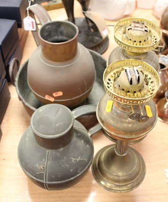 Lot 181 - A pair of brass pedestal oil lamps (lacking...