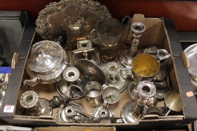 Lot 439 - A box of miscellaneous silver plated ware to...