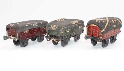 Lot 253 - 3x Bing open wagons with loads and tarpaulins...