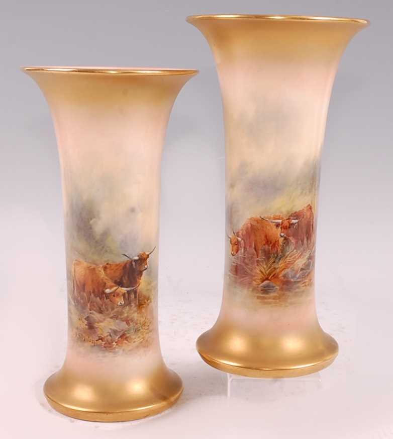 Lot 1026 - A pair of Royal Worcester trumpet vases...