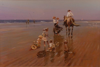 Lot 318 - John Haskins (b.1938) - On the Beach, oil on...