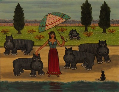 Lot 335 - Mary Raymond - Friendly Hippos, oil on canvas,...