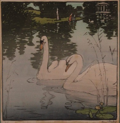 Lot 349 - Alan Seaby (1867-1953) - Swans, colour woodcut,...