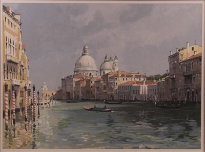 Lot 361 - Jeremy Barlow (b.1945) - Gondolas in Venice,...