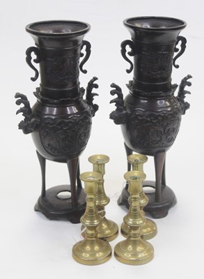 Lot 37 - A pair of bronzed vases, each having flared...