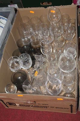 Lot 157 - Two boxes of miscellaneous glassware, to...