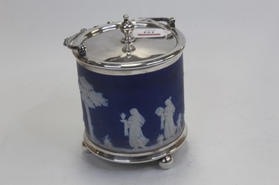 Lot 194 - A Wedgwood blue jasperware biscuit barrel,...