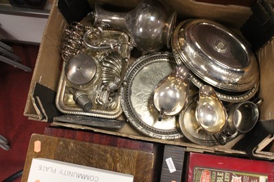 Lot 293 - A box of miscellaneous silver plate, to...