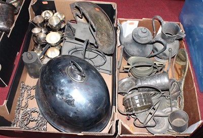Lot 296 - Two boxes of miscellaneous metalware, to...