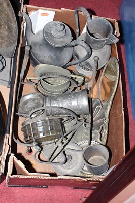 Lot 296 - Two boxes of miscellaneous metalware, to...