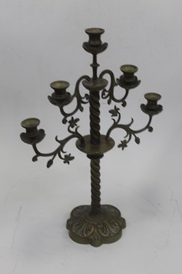 Lot 11 - A pair of 19th century brass five sconce table...